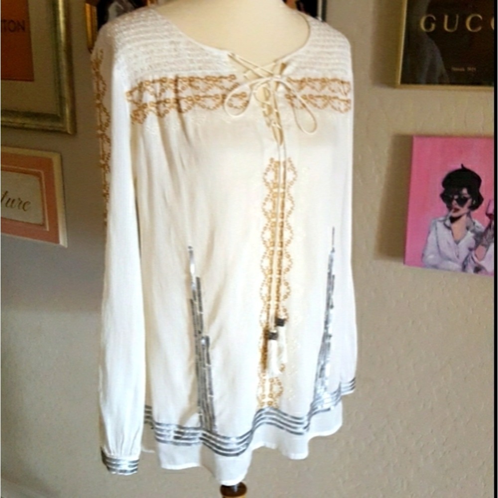 Sundance Ivory Embroidered Sequin Lace Up Boho Peasant Blouse Small - Picture 4 of 7